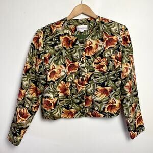 Vintage 90s Silk Jacket Medium Cropped Earth Tone Floral Romantic Parisian